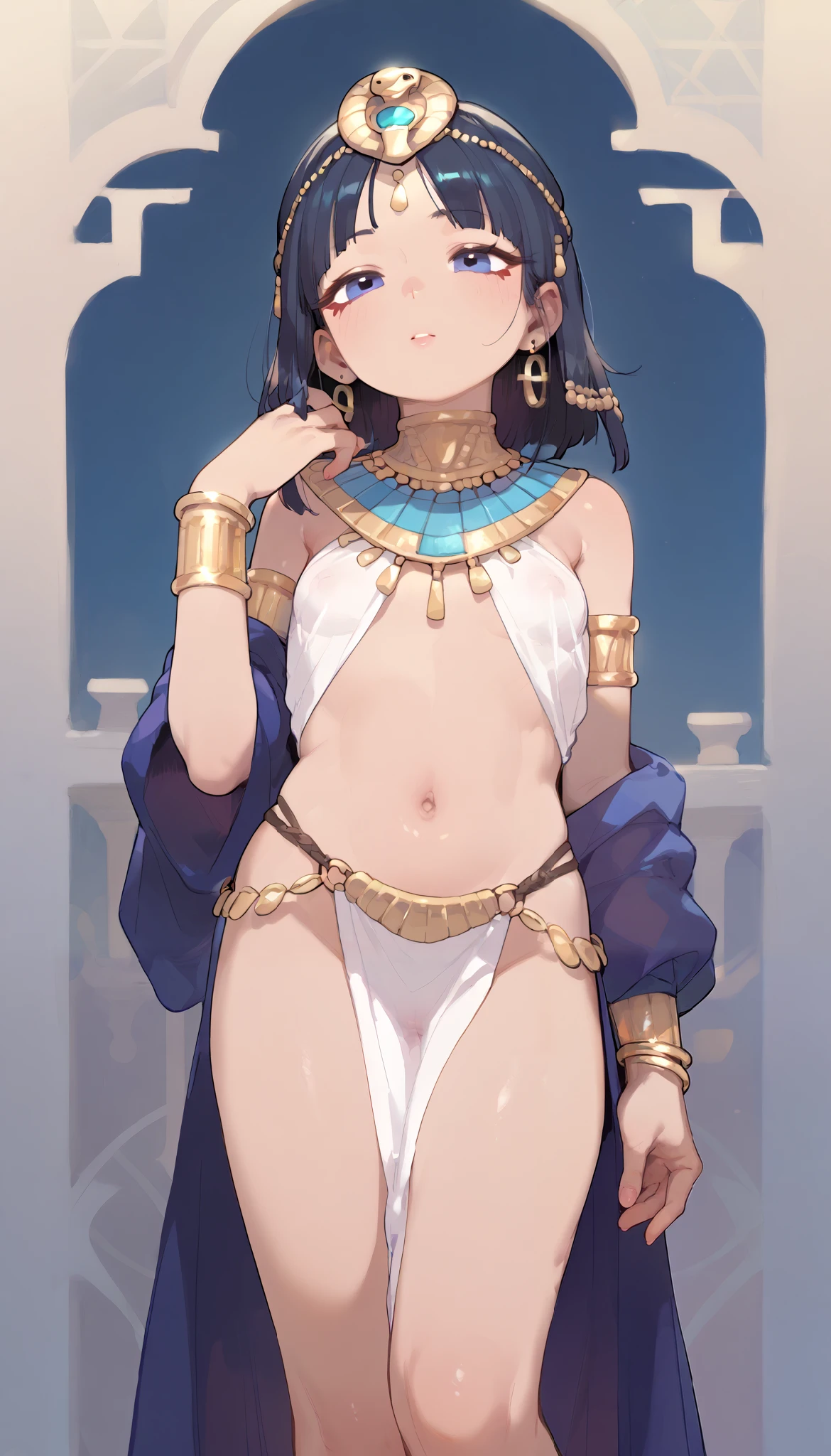 (kinako_(shiratama_mochi) style, eishin_flash_\uma_musume\), ((topless)), horse ear, horse tail, nsfw, masterpiece, sarong, gold skirt, solo, 1 girl, erect nipples, nipples, navel, bare breasts, bare stomach, full body, indian hairddress, outdoors, babylon, persia, ancient city, collarbones, slim waist, black hair, short hair, detailed eyes, beautiful eyes, blue eyes, necklace, gold bracelet, gold cutouts, jewelries, goddess, mouth veil, dancing, cowboy shot