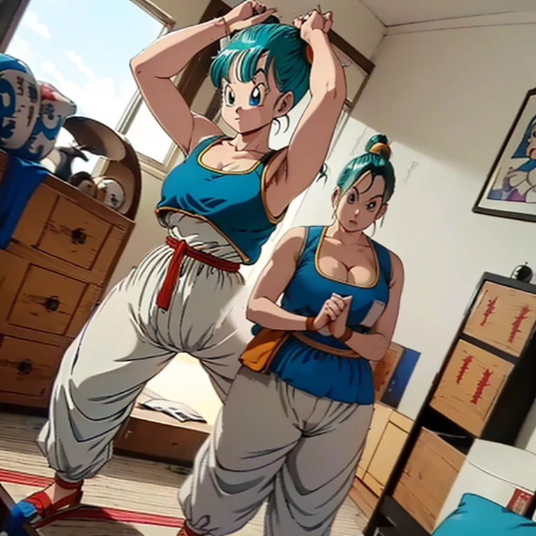 Bulma,( dragon ball\), long hair, Aqua Hair, blue eyes wristwatch, white tank top,   bare shoulders, clavicle,   inner room  ,  Curvy young woman ,  big breasts and big butt ,  poses with arms raised at her sides, making a fist ,  showing her armpits,  full body