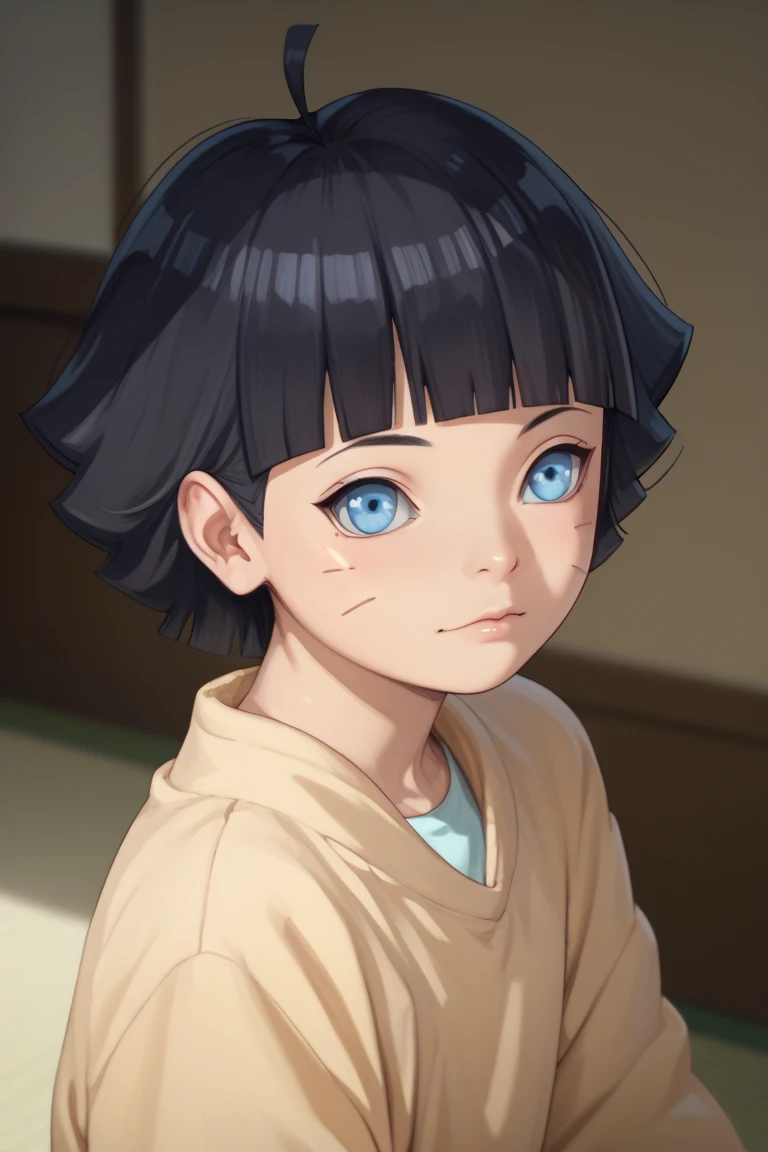 himawari uzumaki, short hair, bangs, blue eyes, black hair, blunt bangs, facial mark, whisker markings, ahoge,