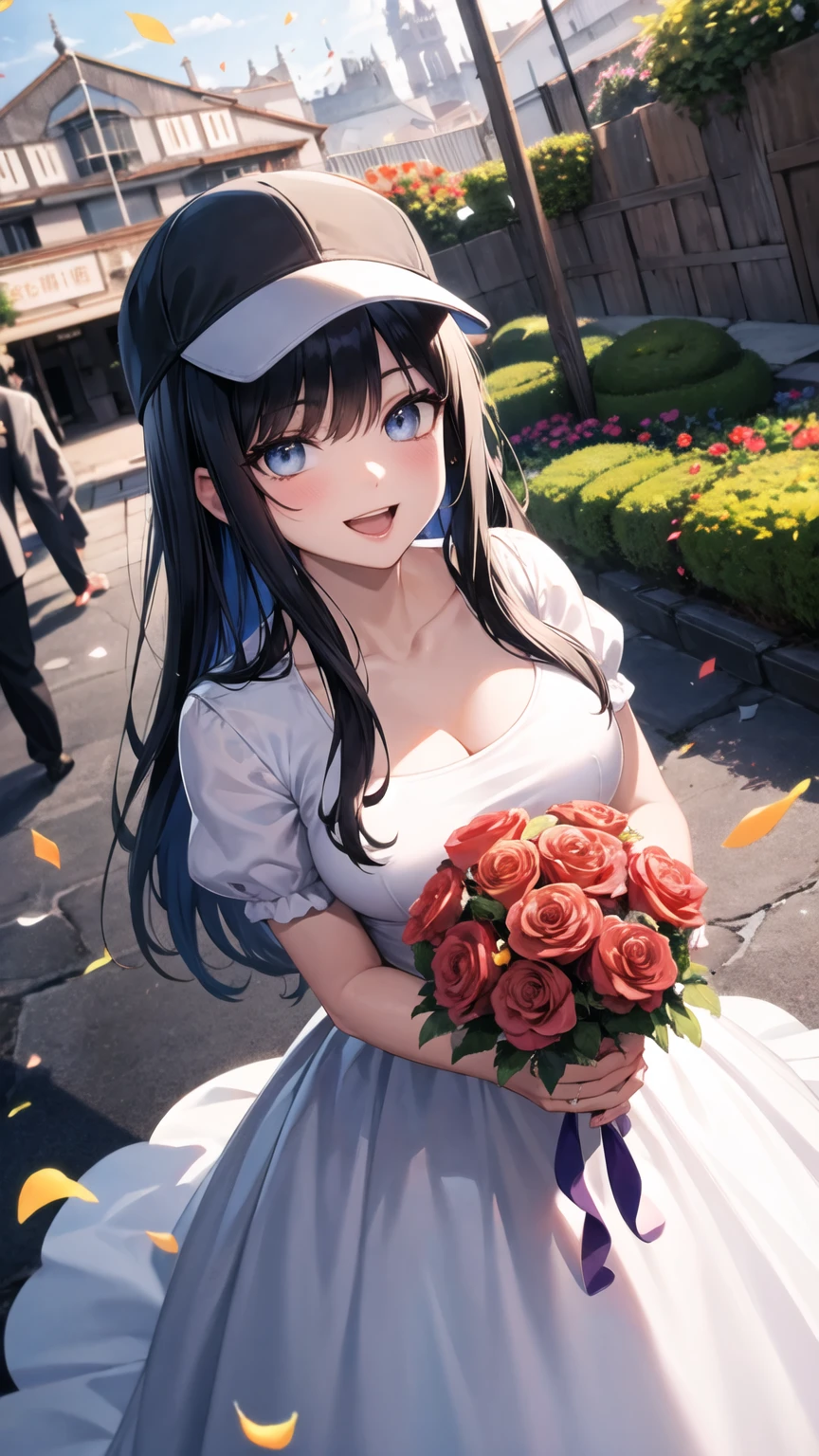 masterpiece, best quality, highres, aasaori, halo, long hair, black hair, hat, black headwear, black mask, mouth mask, wedding Dress, standing, garden, confetti, holding bouquet, smile, open mouth,