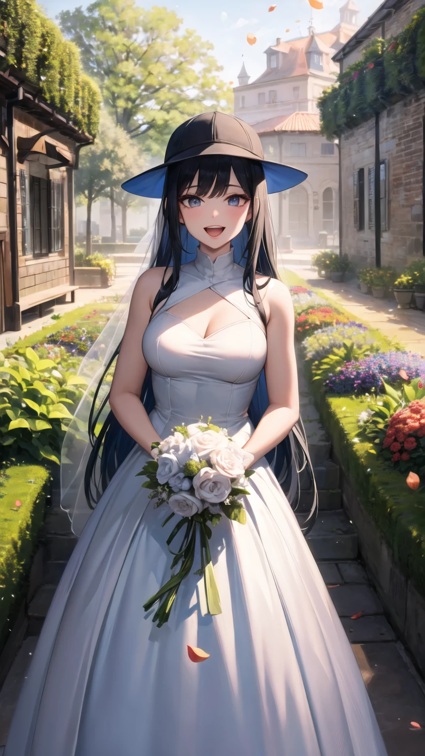 masterpiece, best quality, highres, aasaori, halo, long hair, black hair, hat, black headwear, black mask, mouth mask, wedding Dress, standing, garden, confetti, holding bouquet, smile, open mouth,