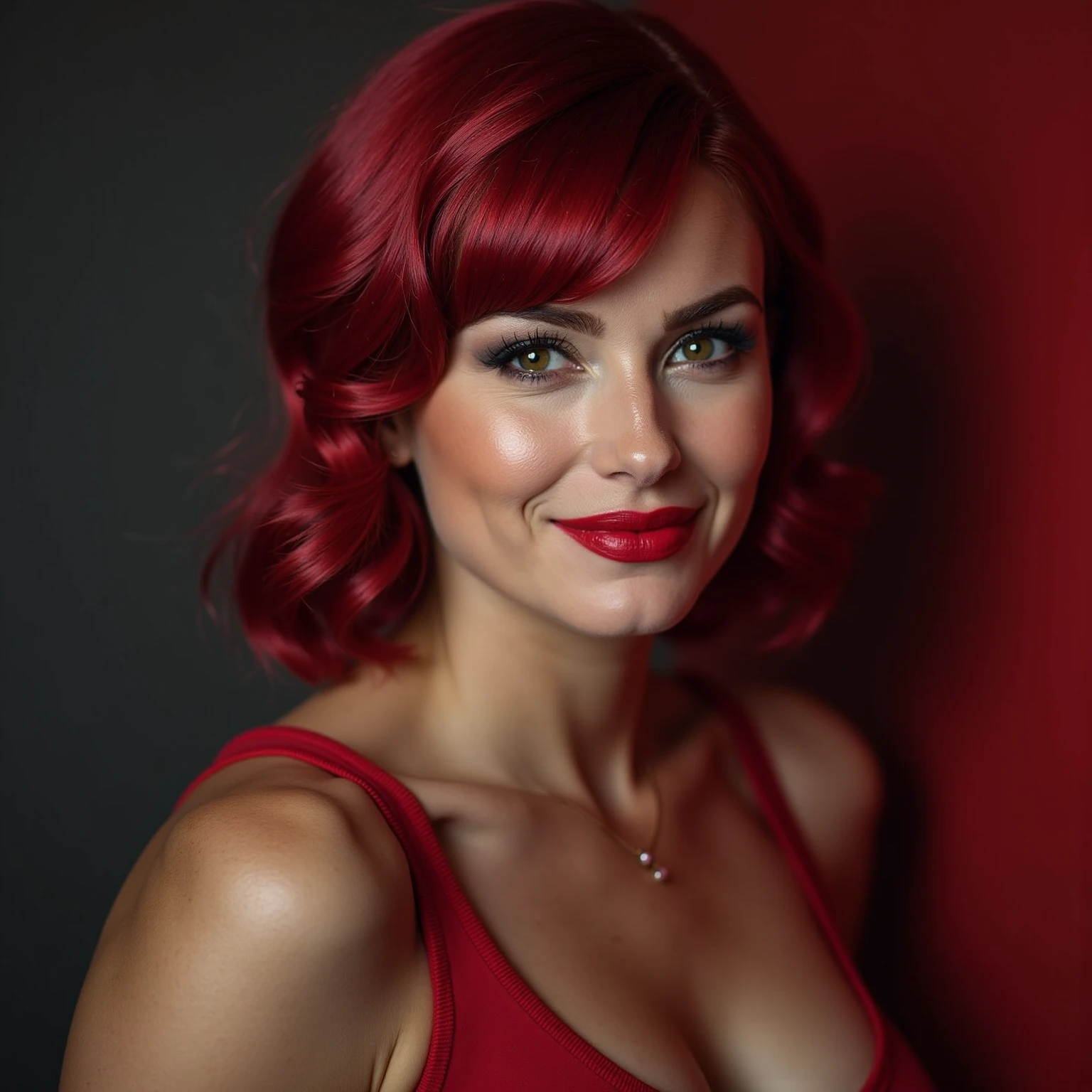 Beautiful 45 year old hot milf , similar to Marilyn Monroe, Red hair, looking ahead at viewer, from front view, pretentious smile, trunk, Red clothing
