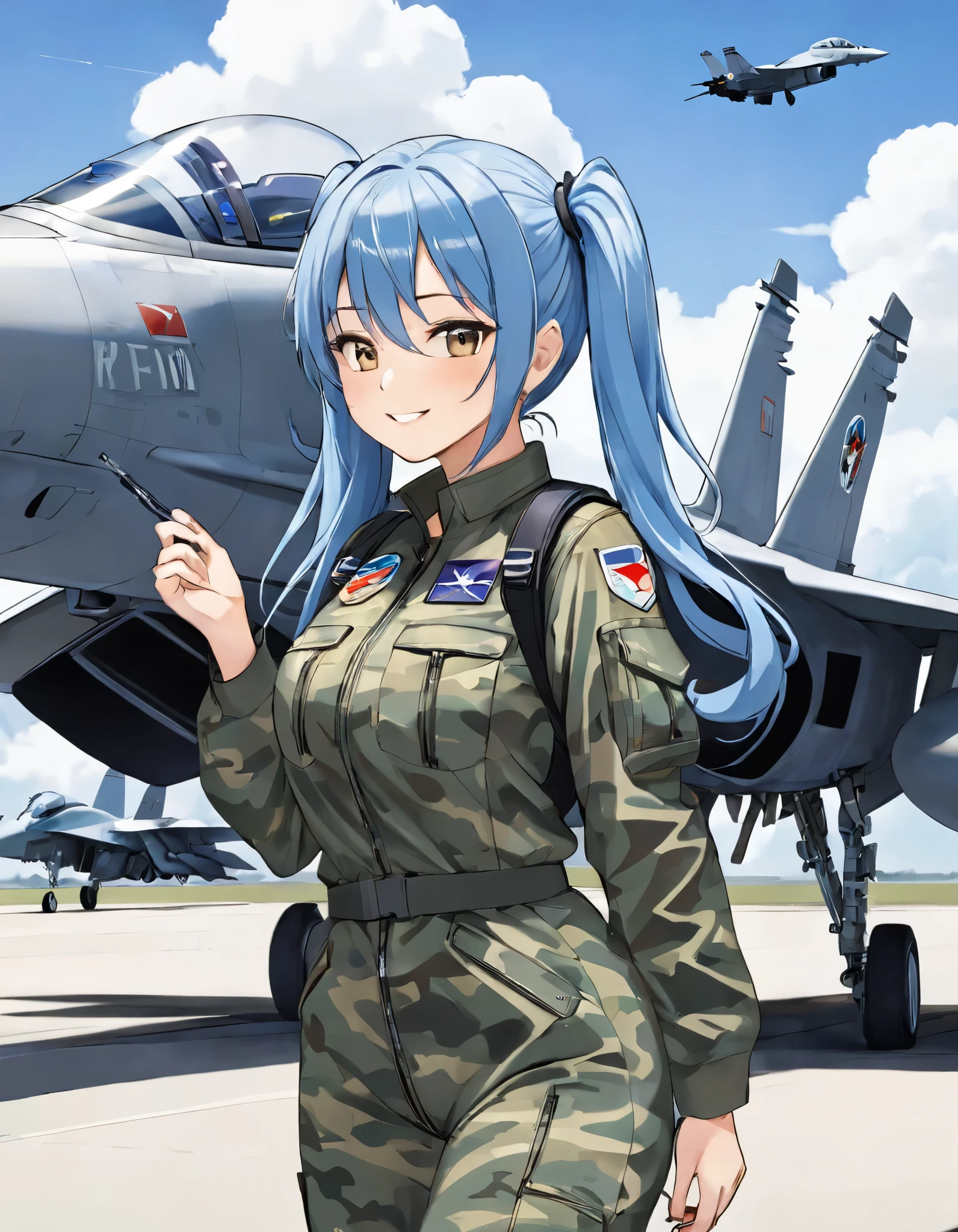  light blue long hair、 one beautiful girl with twin tails、smile、Self-defense officers wearing camouflage suits、Fighter Pilot、Runway、Staring at fighter jets、