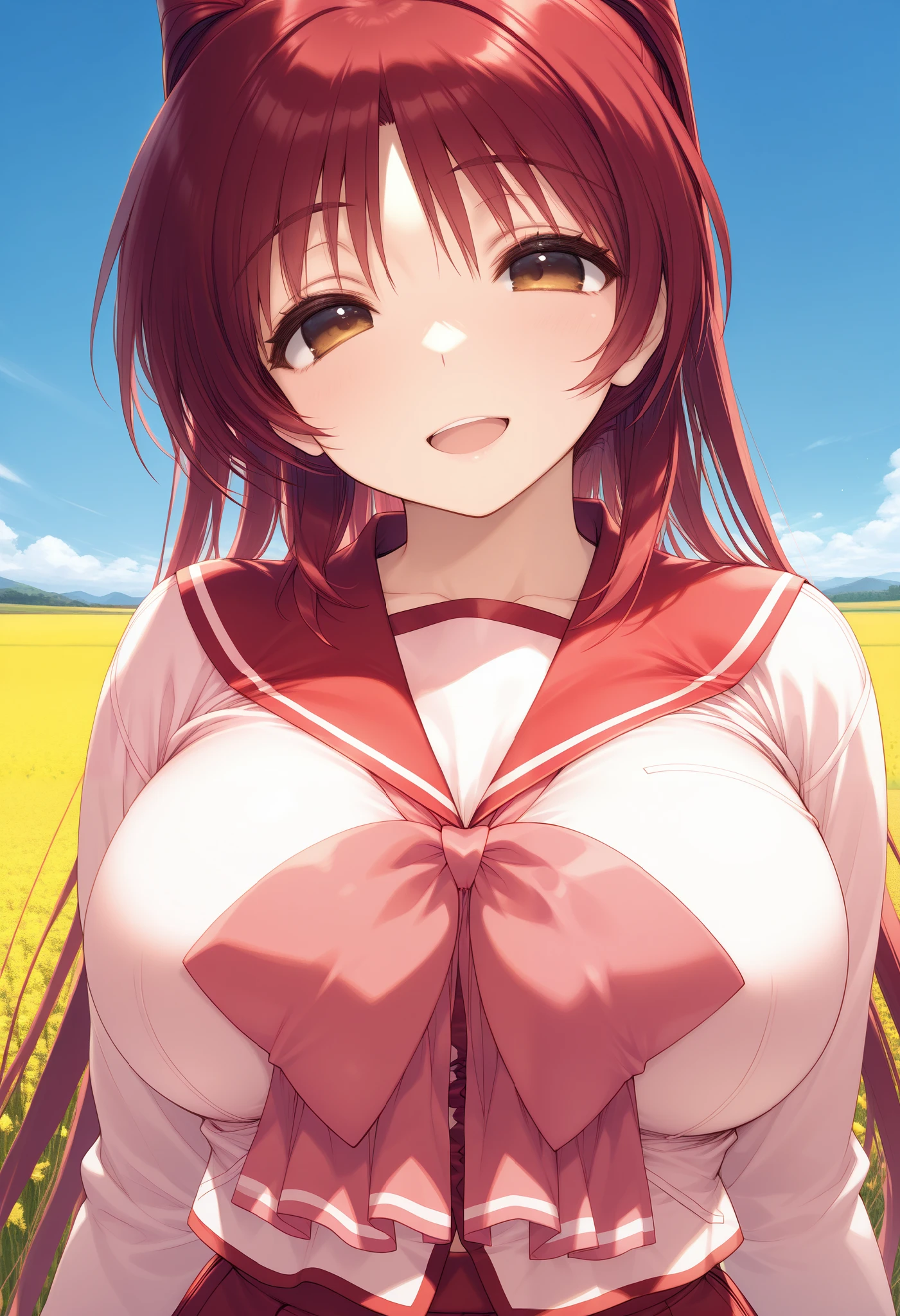 1girl, solo, (field:1.2), (blue sky:1.2), smile, large breasts, 
kousaka_tamaki, brown eyes, red hair, long hair, school uniform, serafuku, red sailor collar, pink shirt, long sleeves, pleated skirt, red skirt, masterpiece, best quality, good quality, general,, (upper body:1.2), (close-up:1.2), (facing viewer:1.4), (open eyes:1.4), (portrait:1.4)