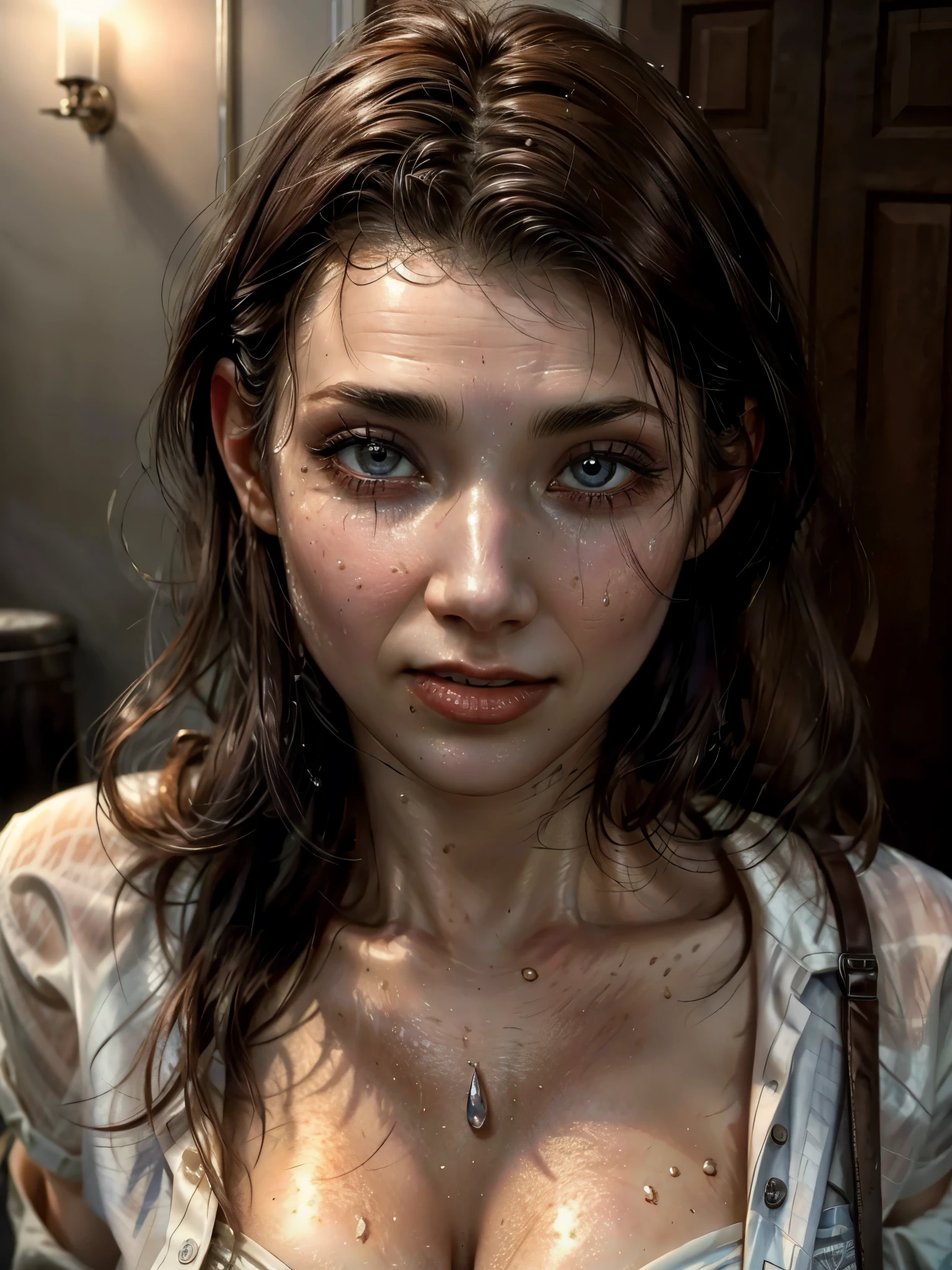 a beautiful woman in a wet, oily white shirt, detailed facial features, long eyelashes, detailed eyes and lips, realistic, photorealistic, detailed skin texture, water droplets on skin, dramatic lighting, cinematic, oil painting, highly detailed, 8k, masterpiece, award winning, vibrant colors, warm color palette