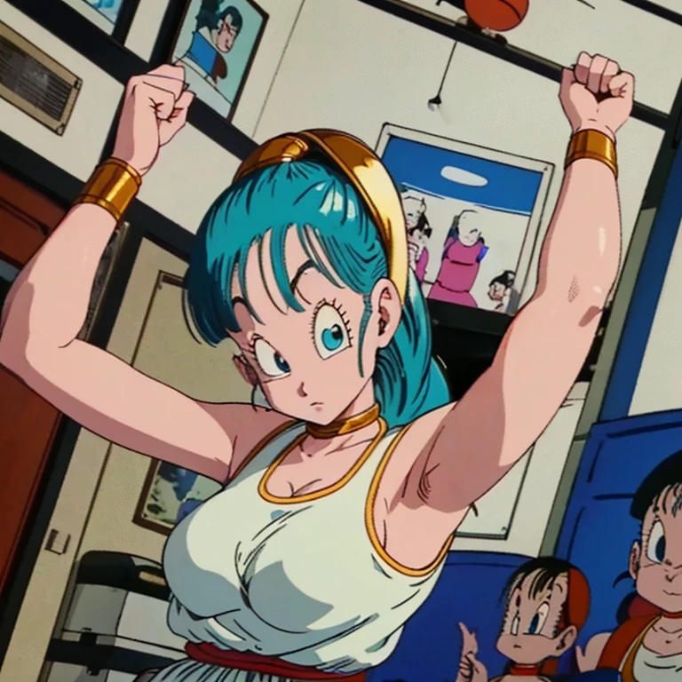 Bulma,( dragon ball\), long hair, Aqua Hair, blue eyes wristwatch, white tank top,   bare shoulders, clavicle,   inner room  ,  Curvy young woman ,  big breasts and big butt ,  poses with arms raised at her sides, making a fist ,  showing her armpits, 