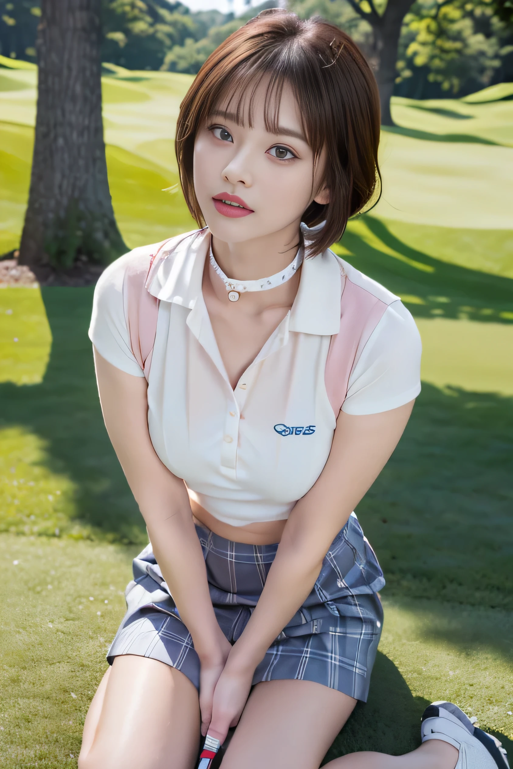 1 girl, alone, White polo shirt, White sneakers, Pink tennis wear: 1.3, White mini skirt, masterpiece, highest quality, Realistic, Hyper Detail, (Shiny skin, Sweaty: 1.4), Disorganized, looking at the camera, Short black hair, Brown eyes, thin, Dynamic Lighting, High resolution, Sharp focus, Depth of written boundary, Fine grain, Sharp eyes, Realistic eyes, (big: 1.2), (Thick thighs: 1.0), Outdoor, null, Korean Idol, Nogizaka Idol, Idol Sculpture, actress,