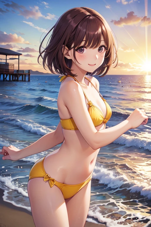 The sun is shining brightly on a tropical beach, with turquoise waters lapping at the shore. In the center of the scene stands a young girl, her skin a deep golden brown from the sun. She is wearing a colorful bikini and her long, dark hair is pulled back in a ponytail. She is laughing and playing in the water, her arms outstretched as she splashes around. In the background, you can see palm trees swaying in the gentle breeze, and the bright orange sun starting to dip below the horizon. The whole scene is alive with the joy and warmth of a perfect summer day in the tropics