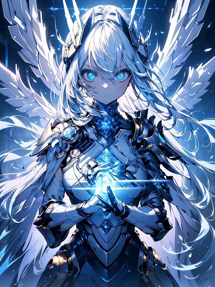  top quality,   Masterpiece  , Small details,  super precision , Very delicate 8k wallpaper,  Robot Girl , ( long blue hair ), (white mechanical armor ), ( green eyes and sharp headgear ), ( mechanical wings attached to the shoulder ),  glowing nucleus in the middle of the chest , ( mechanically articulated fingers ,  4 fingers and 1 thumb),(((  disable the look at camera)))