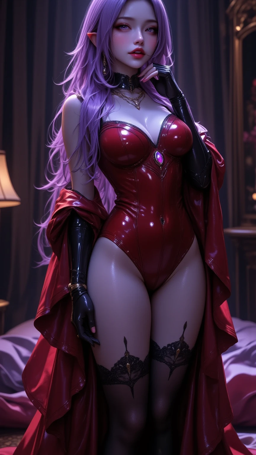  1 Mature and Bewitching Dark Elf Woman,(masterpiece, top quality, very detailed depiction, Incredibly Absurd High Definition ,Curvaceous Body),(The Queen of the Bewitching Dark Elves ),(shiny red latex party dress,Body net suit,black lace gloves, luxury accessories ,earrings,necklace, bracelet ,A mysteriously shining jewel, black tights, high heels, thigh high boots ),(Blue Skin:2.0,Purple Eyes,Crazy Eyes, Half Closed Eyes :1.5, are opening their mouths, bewitching smile,Glossy lips,Beautiful legs,Hand on cheek, model pose ), standing:2.0, full body image :2.0,Dim atmosphere,Lamplight
