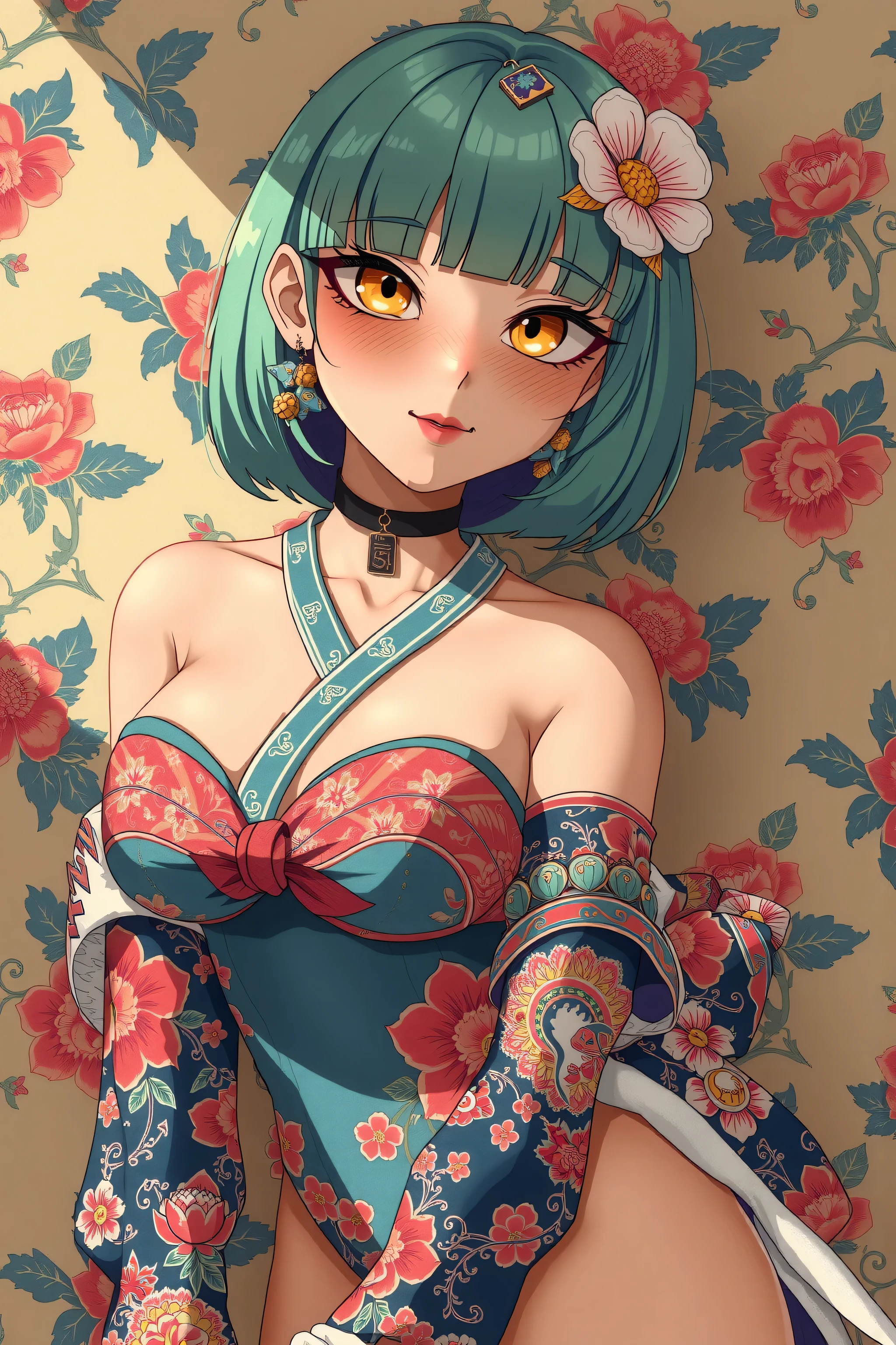 A mesmerizing surreal illustration of a young japanese woman. She has pastel green hair with blunt bangs, yellow eyes, and wears a vibrant pastel colored outfit adorned with intricate floral patterns. Freckles dot her smooth, warm complexion, and bold, colorful tattoos cover her arms and legs. The tattoos feature traditional Japanese motifs like flowers and mythical creatures, rendered with meticulous detail in a pastel color palette. The background is a vintage floral-patterned wallpaper that complements the artwork's colors. The line work is precise, with delicate shading that gives the illustration a 3D quality. The artwork fuses modern illustration techniques with traditional Japanese aesthetics, resulting in a visually striking, portrait, ((big breasts)), ((cleavage)),