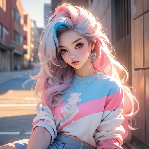  young girl,  multicolored long hair , blue hair, Pink hair wearing white t-shirt , Slip sweatshirt and sneakers looking at the spectator ( best quality, detailed, realistic)