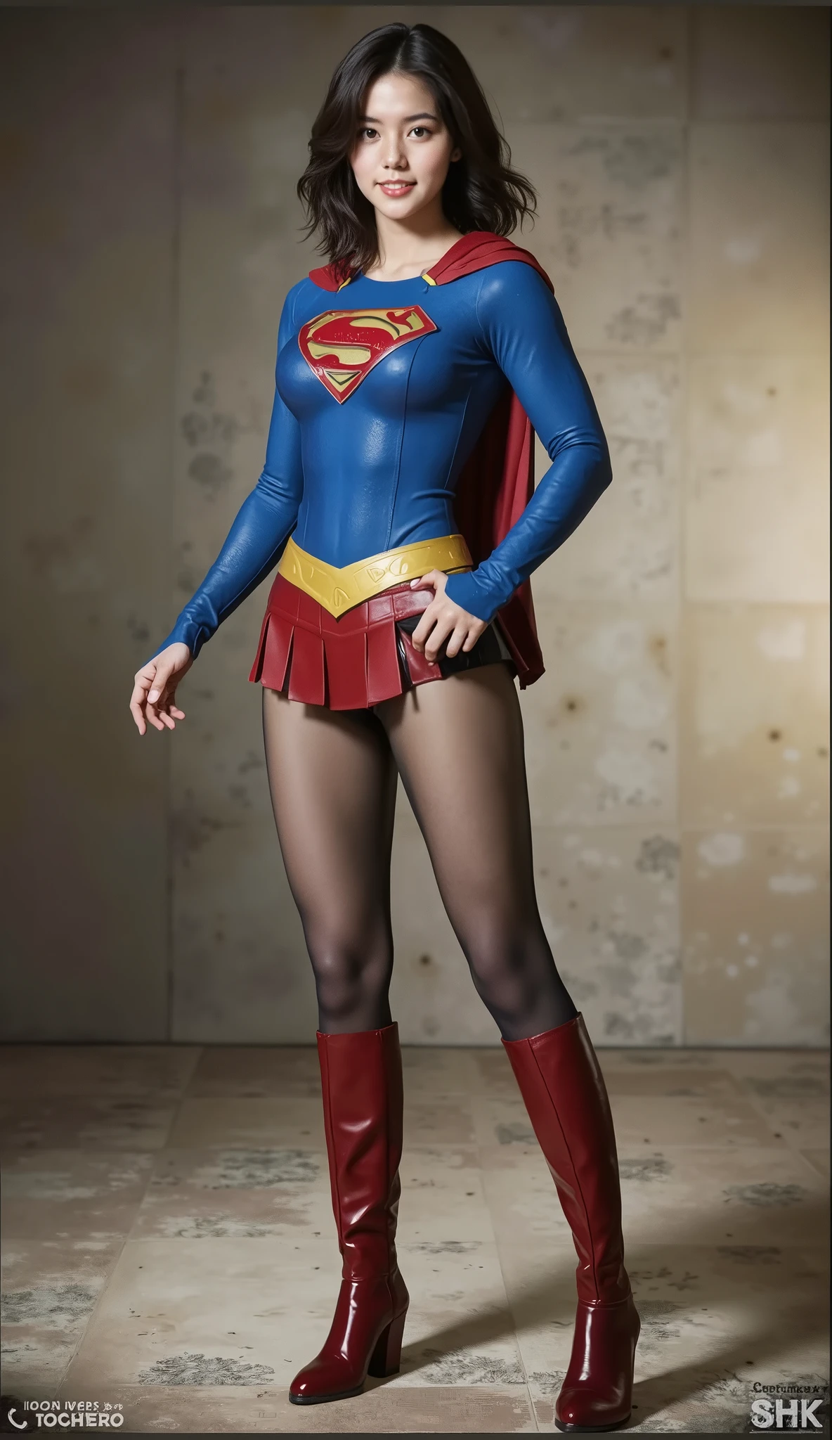 No background、(((Beautiful legs in black tights.)))、(((Legally express the beauty of your smile)))、((((Make the most of your original images)))、(((Body-fitting Supergirl costume)))、(((Supergirl Costume)))、(((Short beautiful hair)))、(((suffering)))、(((Please wear black tights....、Wear red boots)))、((Best image quality、8k))、((highest quality、8k、masterpiece:1.3))、(((Preserve background )))、Sharp focus:1.2、Beautiful woman with perfect figure:1.4、Slim Abs:1.2、Wet body:1.5、Highly detailed face and skin texture、8k