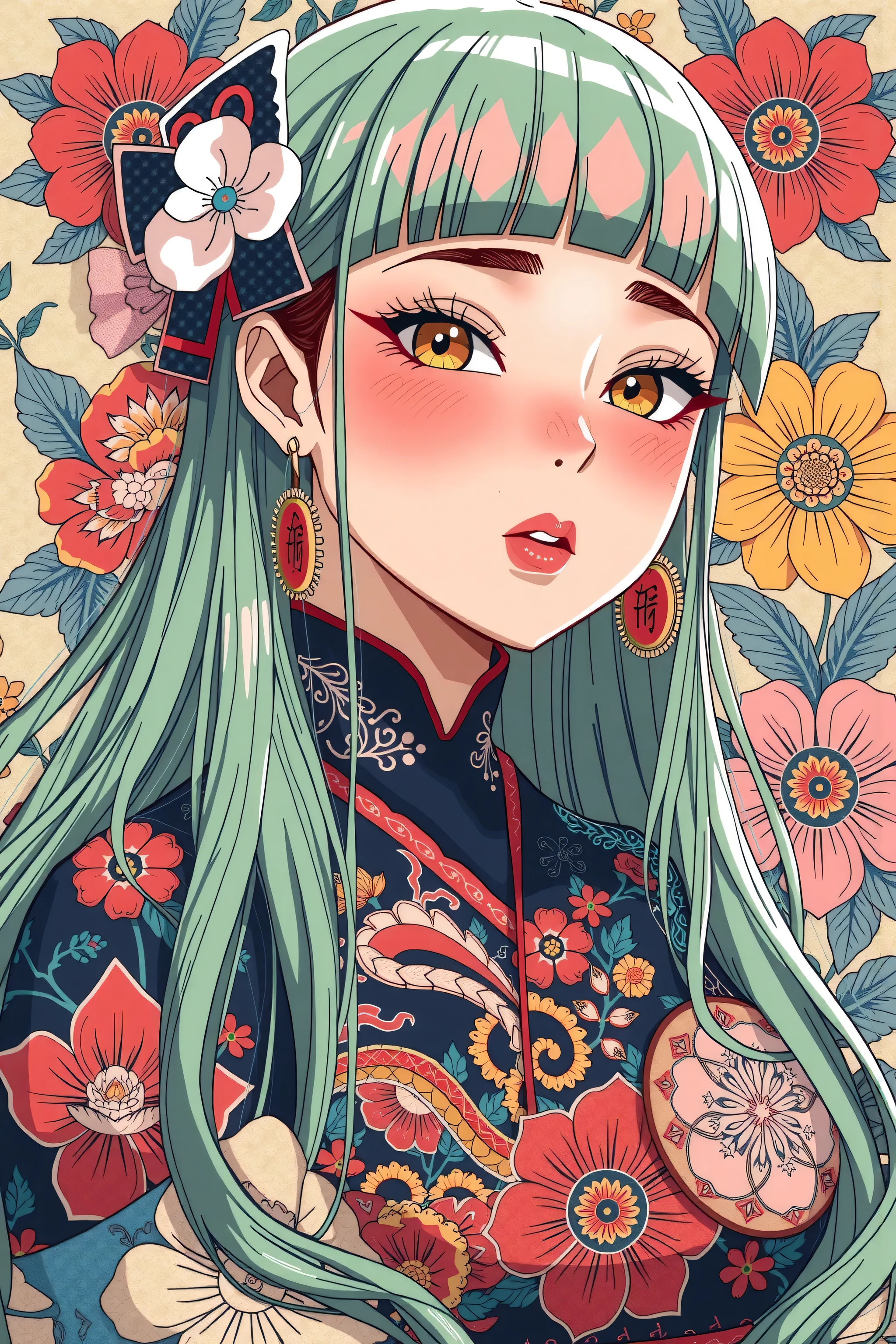 A mesmerizing surreal illustration of a young japanese woman. She has pastel green hair with blunt bangs, yellow eyes, and wears a vibrant pastel colored outfit adorned with intricate floral patterns. Freckles dot her smooth, warm complexion, and bold, colorful tattoos cover her arms and legs. The tattoos feature traditional Japanese motifs like flowers and mythical creatures, rendered with meticulous detail in a pastel color palette. The background is a vintage floral-patterned wallpaper that complements the artwork's colors. The line work is precise, with delicate shading that gives the illustration a 3D quality. The artwork fuses modern illustration techniques with traditional Japanese aesthetics, resulting in a visually striking, portrait, ((big breasts)), ((cleavage)),