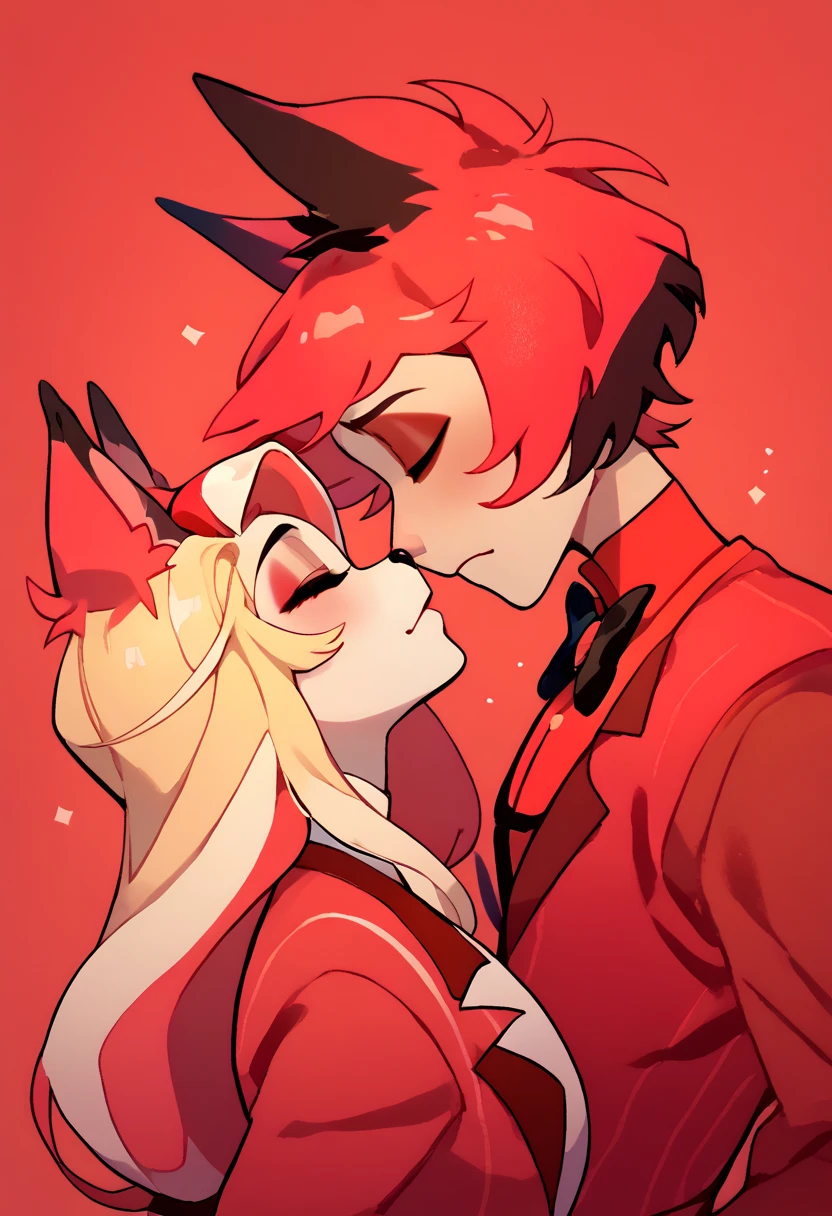 1boy, Alastor,red suit, closed eyes, red hair multicolored hair, animal ears,) couplekiss, 1girl Charlie morningstar,closed eyes, blonde long hair,red tuxedo, animal nose, white skin, red stricker,