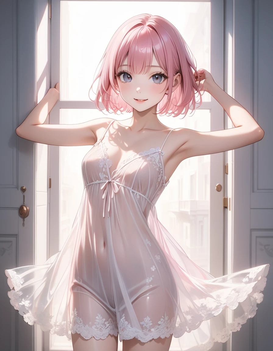 (1 girl),(Best Picture Quality, 8K, Masterpiece:1.3), (18year:1.5), ((pink lob hair:1.1)), (bob cut),(swept bangs), (cute eyes, pupil black, iris skyblue, youthful face), (mole under right eye), (standard weight), (small breasts), (glistening skin:1.1),(pale skin:1.2), ((pink Chiffon Bodycon Mini Dress)).