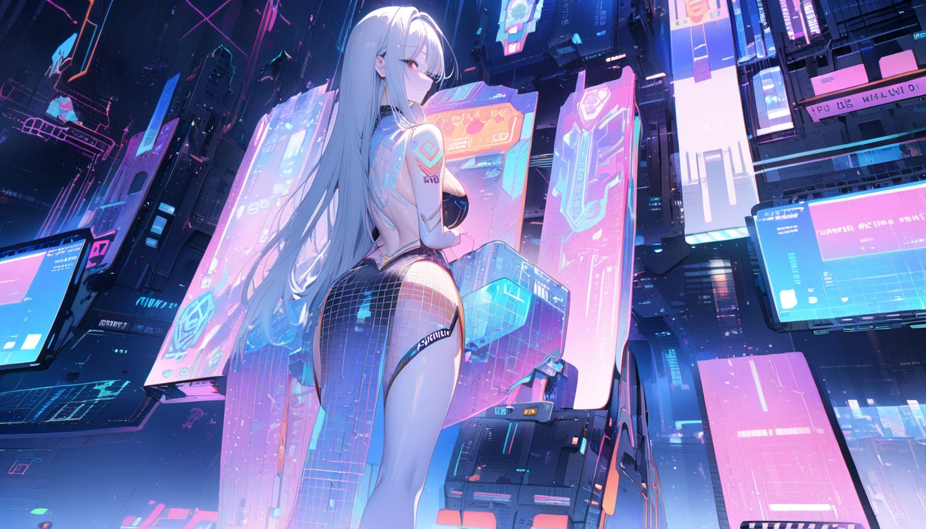 (CRU photo, best qualityer, work of art:1.2), (realisitic, photo-realisitic:1.4),(work of art:1.4),(best qualityer:1.4), ((cyberpunk sexy girl)) standing alone, :d, (earbuds), bangss, blush, ((colorful body harness)), breasts big, ((dynamic pose)), cowboy shot, (((cyberpunk city streets background))), hair intake, earbuds, long hair, gazing at viewer, side locks, ssmile, (((tight slit))), thicc thighs, twintails, very long hair, White hair,Alice \(to wave\),(shining skin),realisitic. sexy glute, nice butt
