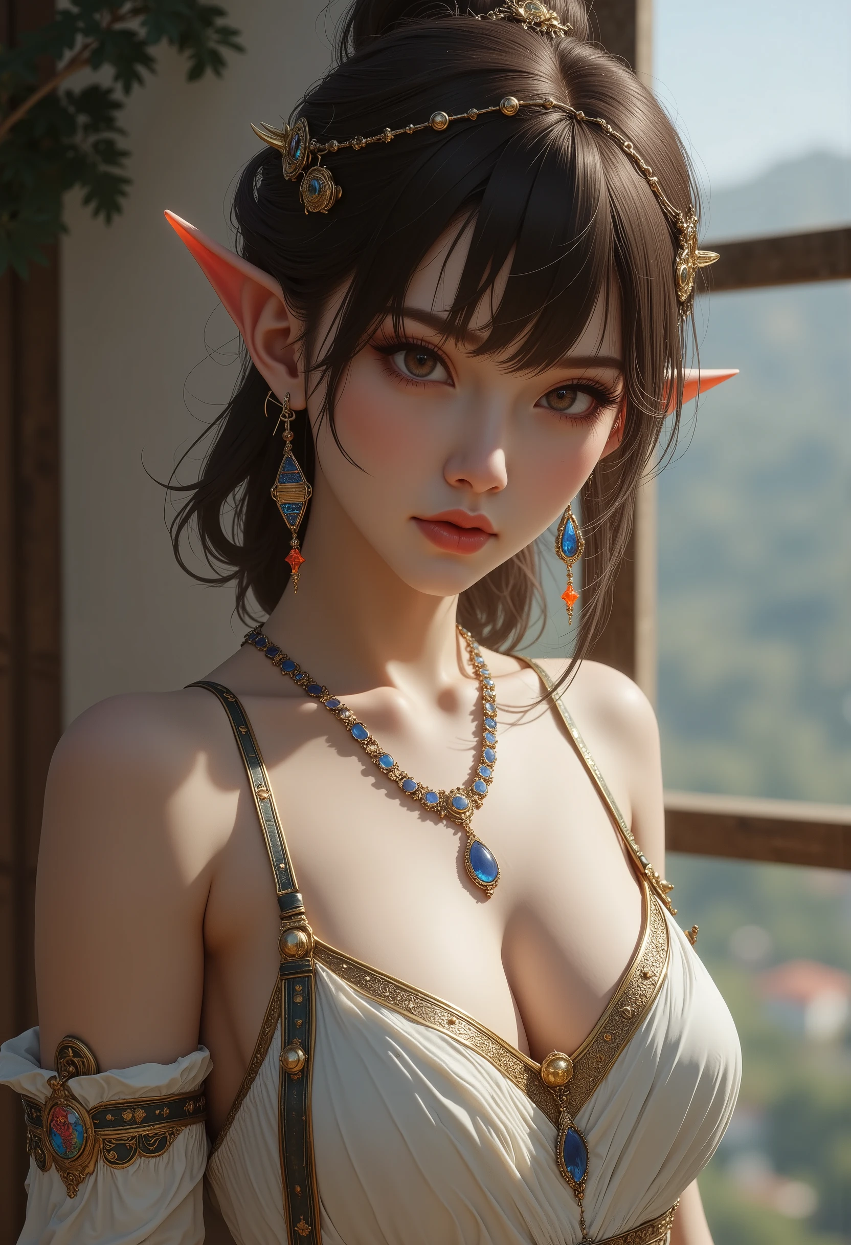 Atmospheric perspective, 8K, Very detailed, Accurate, Highest quality, masterpiece,Very detailedな,Sharp focus,High resolution、Waist shot of a female elf, Complex, Narrow Face, elegant, Wearing a sapphire necklace, White lightweight dress with straps, To the camera, Very detailedな, Digital Painting, Art Station, Concept Art, Smooth, Sharp focus, figure, ArtJam、Greg Rutkowski、Art by Alphonse Mucha, 8K, Volumetric Fog, bloom, light, lumen, Crank blur