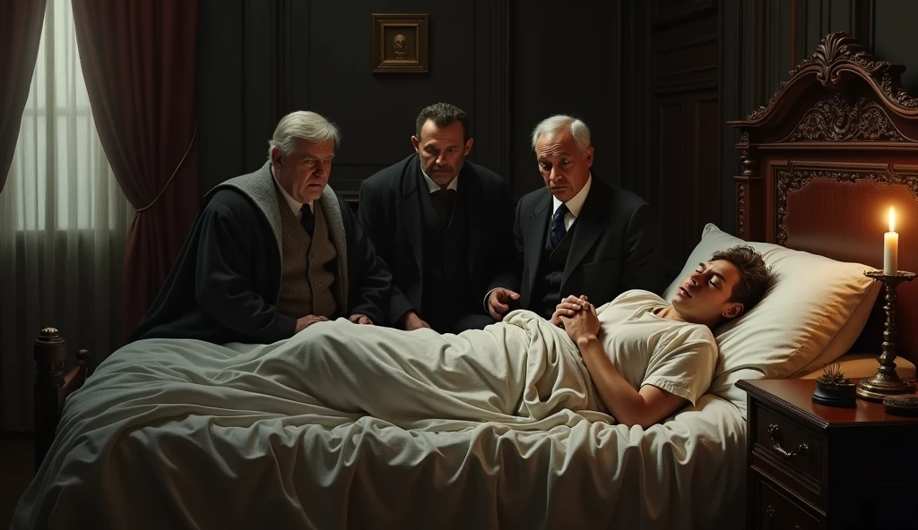 The patient lies on the bed, family and friends gather around the bed to pray, and the doctor looks on with concern. The light in the background highlights the healing power of God's light.