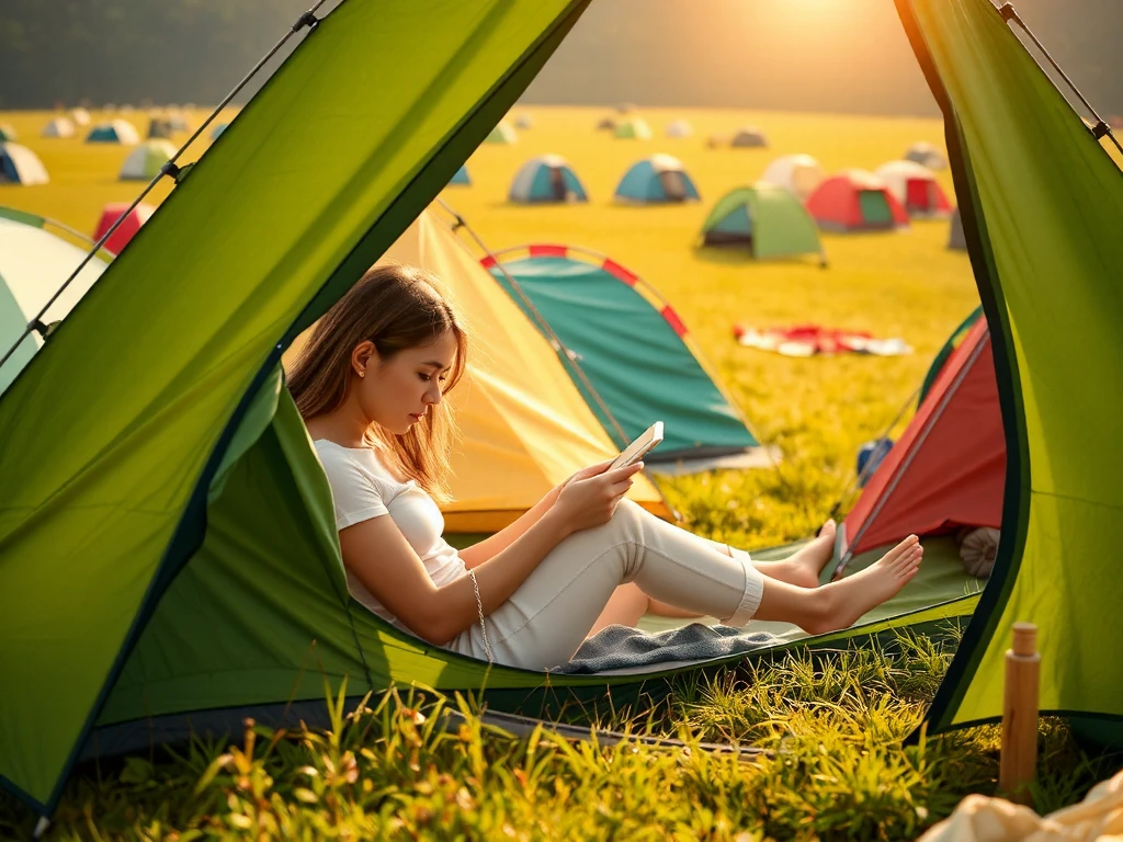 View at grass field in summer with lot of tents and green tent in fron is slightly open .  view inside show women as she is watchin nude phot on tablet.