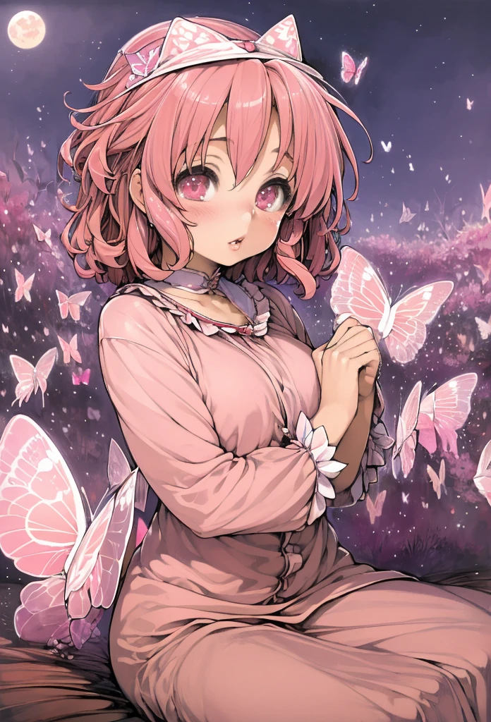  masterpiece,  High Definition , best quality,8k,Girl ，1girl in, Solo, 
(Saigyouji Yuyuko, butterfly, bug, hat, Pink hair, Triangular headpiece, Night, Pink eyes, Short hair, )