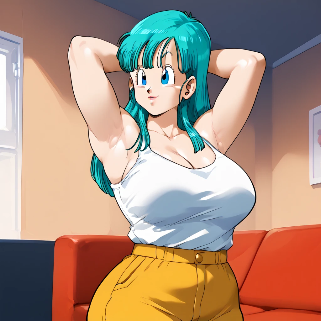 Bulma,( dragon ball\), long hair, Aqua Hair, blue eyes wristwatch, white tank top,   bare shoulders, clavicle,   inner room  ,  Curvy young woman ,  big breasts and big butt , chubby, armpits