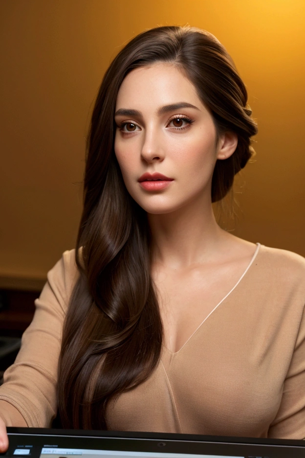 A beautiful woman with long dark brown hair,  detailed eyes, nose, and lips,  wearing professional clothing ,  sitting in your office , using your computer, hp computer ( best quality,4K,8k, High resolution ,Art work:1.2), costume,(realistic,photorealistic,photo realistic:1.37),HDR, studio lighting, extremely detailed face and body , portrait, Cinematic lighting , dramatic lighting , shades of warm colors ,dramatic colors