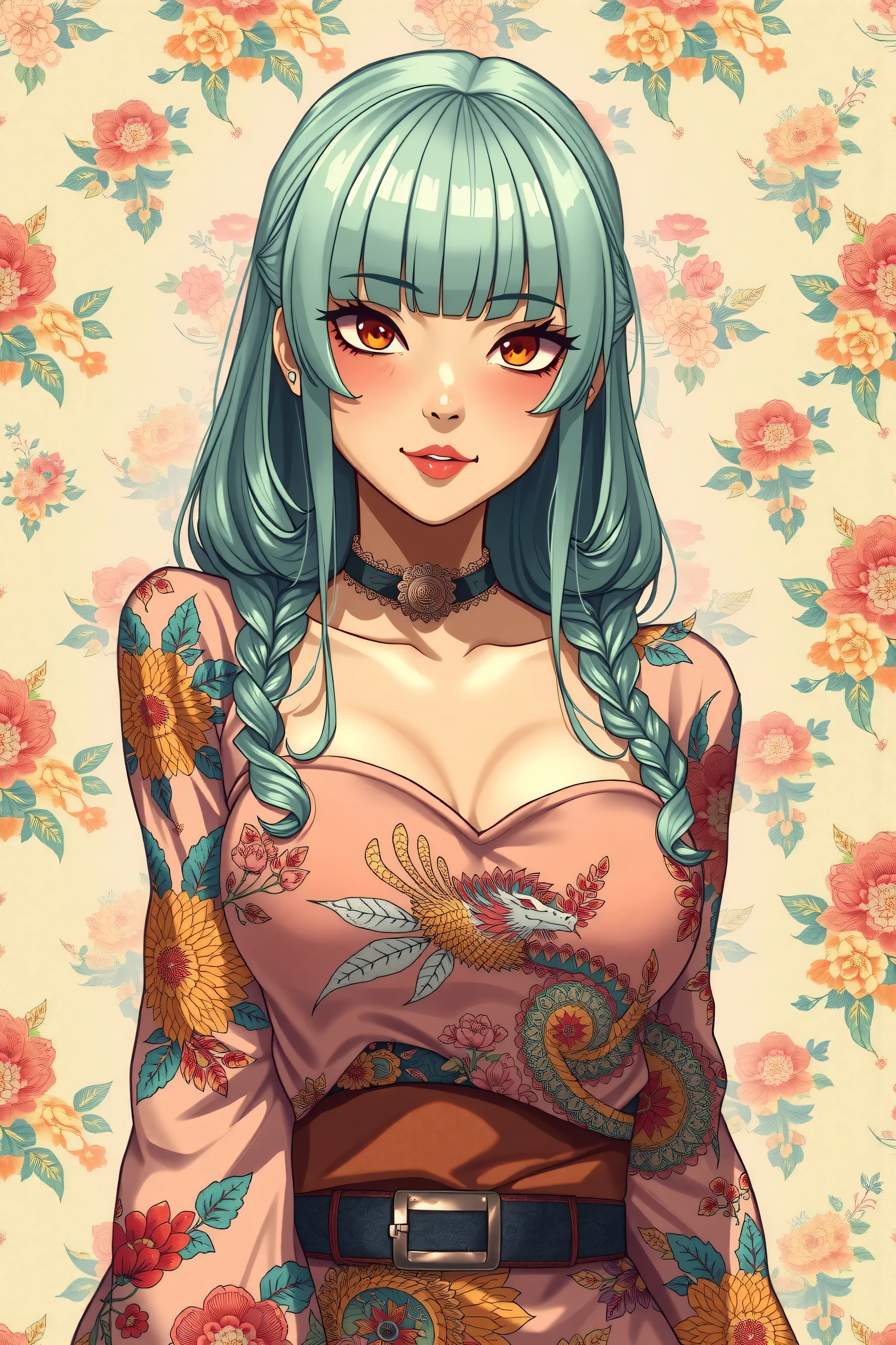 A mesmerizing surreal illustration of a young japanese woman. She has pastel green hair with blunt bangs, yellow eyes, and wears a vibrant pastel colored outfit adorned with intricate floral patterns. Freckles dot her smooth, warm complexion, and bold, colorful tattoos cover her arms and legs. The tattoos feature traditional Japanese motifs like flowers and mythical creatures, rendered with meticulous detail in a pastel color palette. The background is a vintage floral-patterned wallpaper that complements the artwork's colors. The line work is precise, with delicate shading that gives the illustration a 3D quality. The artwork fuses modern illustration techniques with traditional Japanese aesthetics, resulting in a visually striking, portrait, ((big breasts)), ((cleavage)),