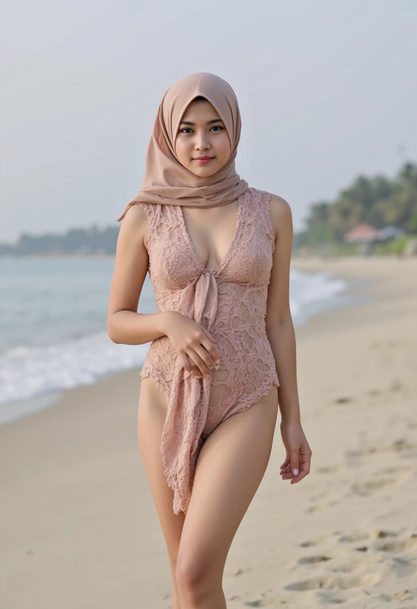 ( masterpieces ,  of the best quality:1.2),  Beautiful Indonesian girl wearing a full hijab , 18 years old,  Big saggy breasts , , slender, ,  seen through transparent clothes, open chest, transparent Bali lace fabric., Cat shows ,  thigh high to thigh ,  seductive posture standing on the beach , Bare skin

