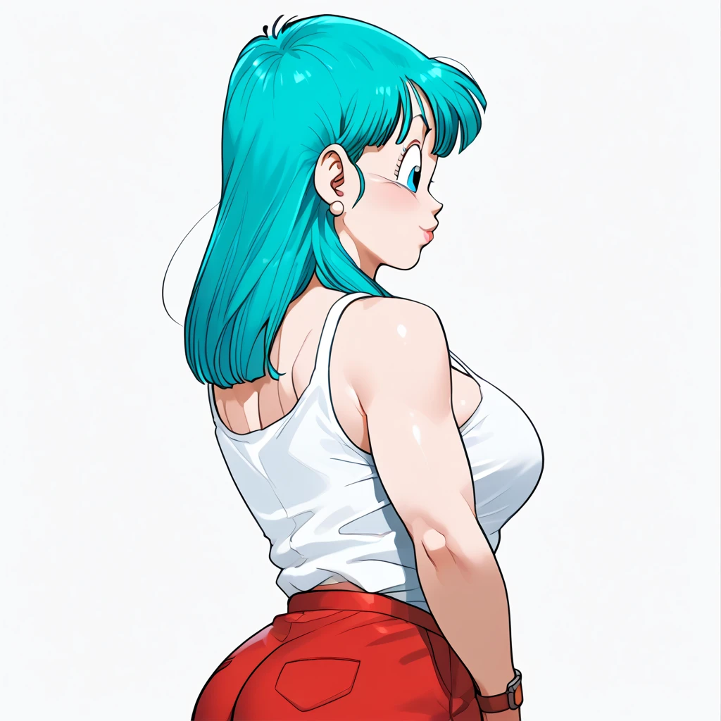 Bulma,( dragon ball\), long hair, Aqua Hair, blue eyes wristwatch, white tank top,   bare shoulders, clavicle,   inner room  ,  Curvy young woman ,  big breasts and big butt , chubby,  left side view 