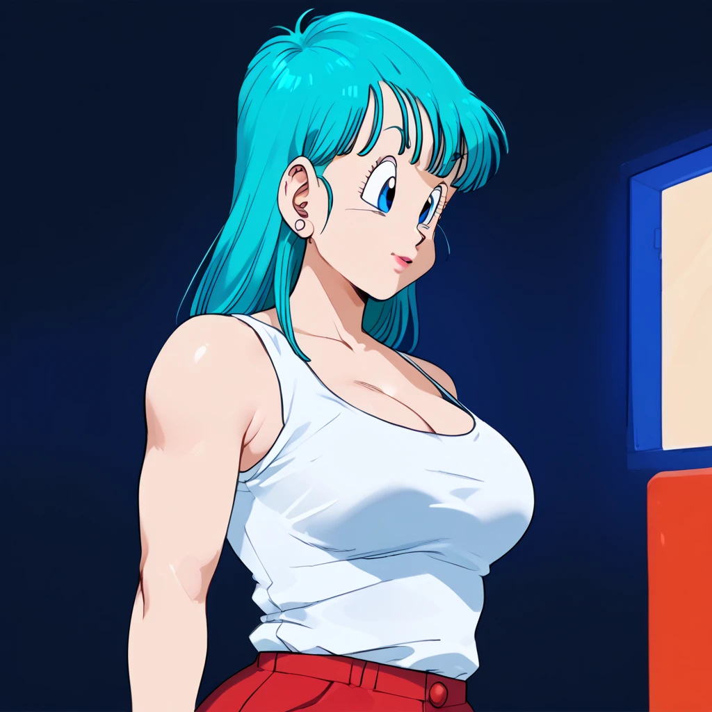 Bulma,( dragon ball\), long hair, Aqua Hair, blue eyes wristwatch, white tank top,   bare shoulders, clavicle,   inner room  ,  Curvy young woman ,  big breasts and big butt , chubby,  left side view 