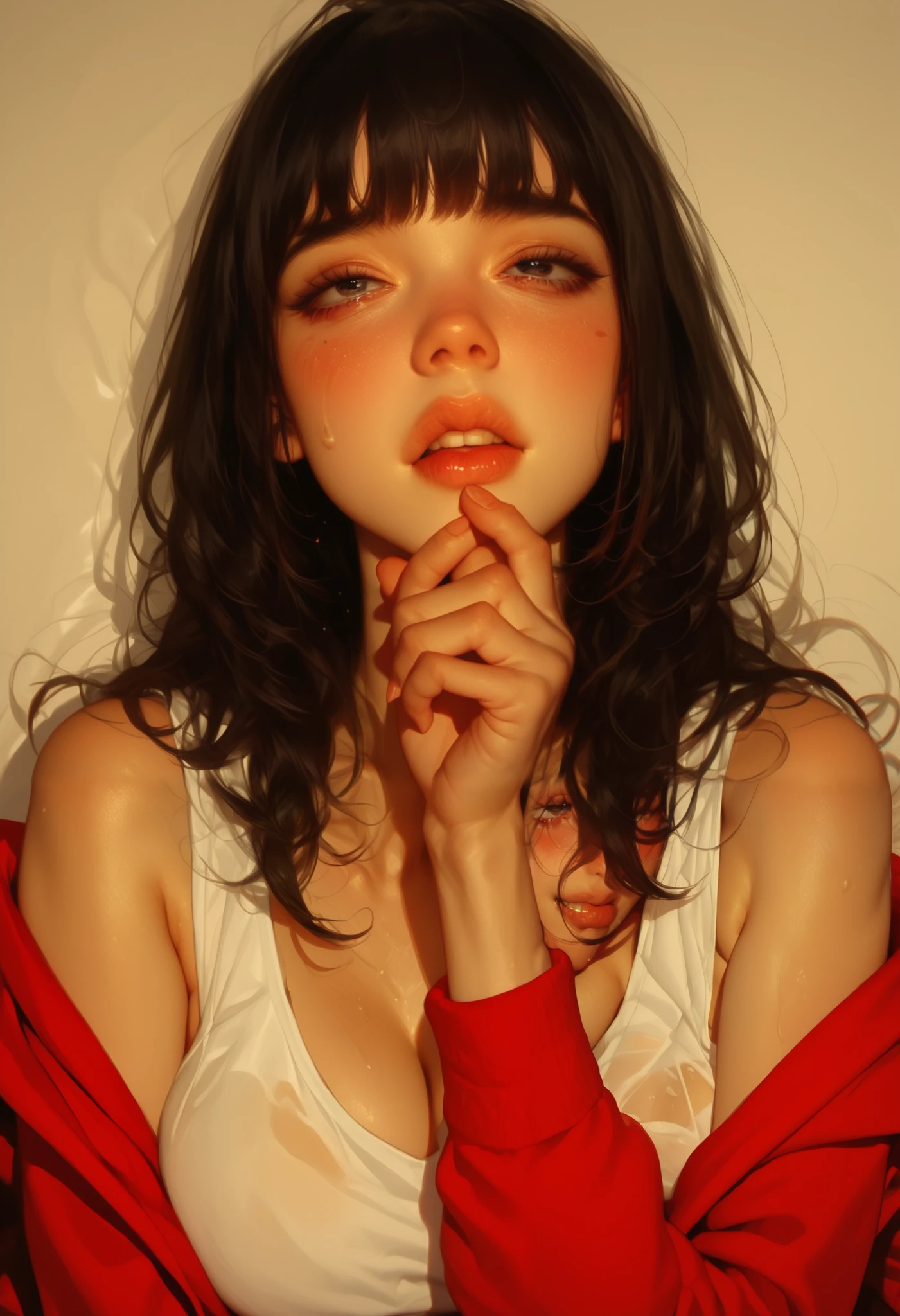 safe_Location,  Masterpiece  ,  score_9,  score_8_up,  score_7_up, Easy Negative_v2,  1 girl , Alone,  black hair, bangs,  shorthair、Freckles、 black eyes、Thick lips、sweat、Blushing cheeks、 Big Breasts ,  girls room, ( loose white tank top), (Red sweatpants),  upper body,Masturbation、Sad eyes、Biting fingers