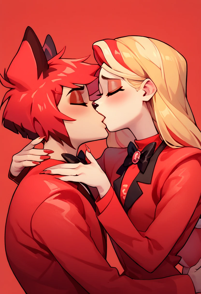 1boy, Alastor,red suit, closed eyes, red hair multicolored hair, couplekiss, 1girl Charlie morningstar,closed eyes, blonde long hair,red tuxedo, animal nose, white skin, red stricker,