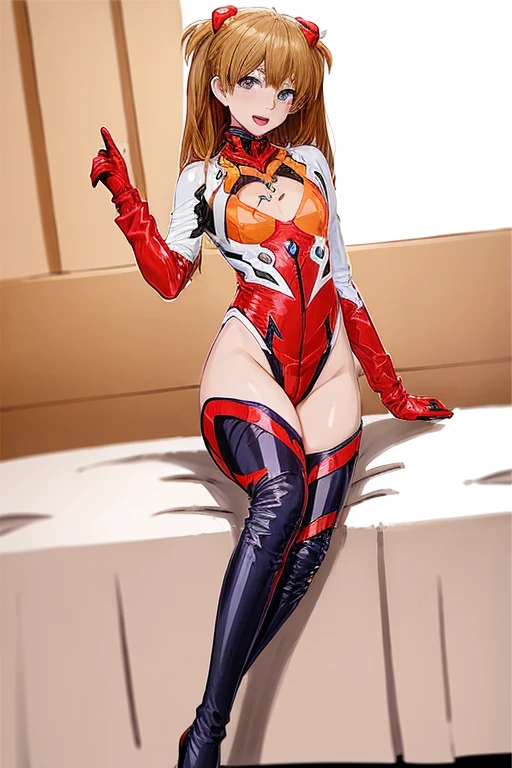 (( top quality)), ((masterpiece)), (be familiar with),  perfect face, indoor, bedroom,  viewer,
One woman,  Soryu Asuka Langley,
 open mouth,  ecstatic expression with hands in front of body, blush, smile,
 small tits,  flat chested, Young girl, Lori,  s,  girl,
 long hair,  twin tails,
Leg spread,