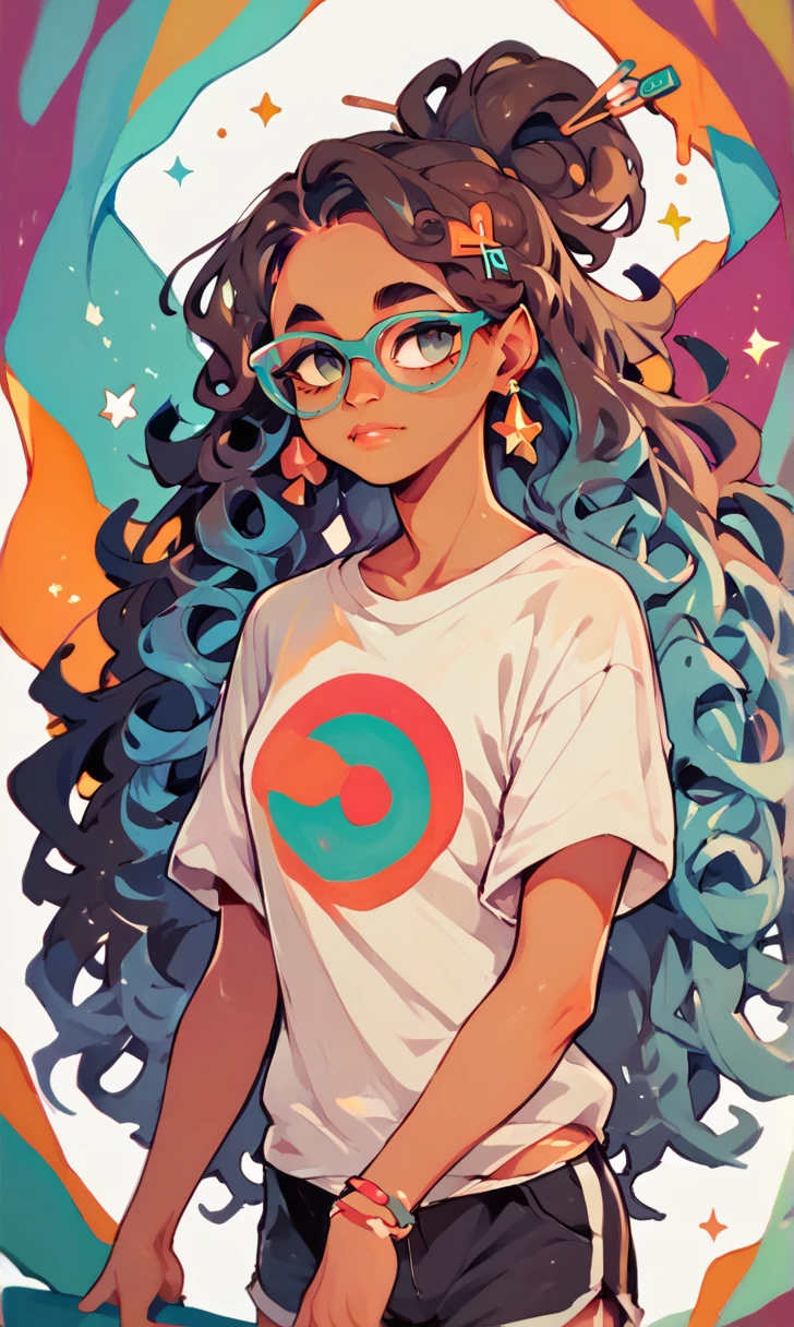 (score_9, score_8_up), score_7_up, score_6_up, score_5_up, score_4_up, 1girl, rim lights, brown skin, curly hair, long hair, hair pin, white background, vibrant, high contrast, painterly, traditional oil paint, white t-shirt with panda face design on it, black shorts, glasses,
