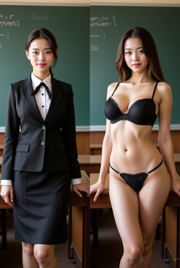 side-by-side photos of a young woman standing in a classroom, wearing a secretary uniform , left side clothed, right side wearing bra and mini panties, cameltoe
