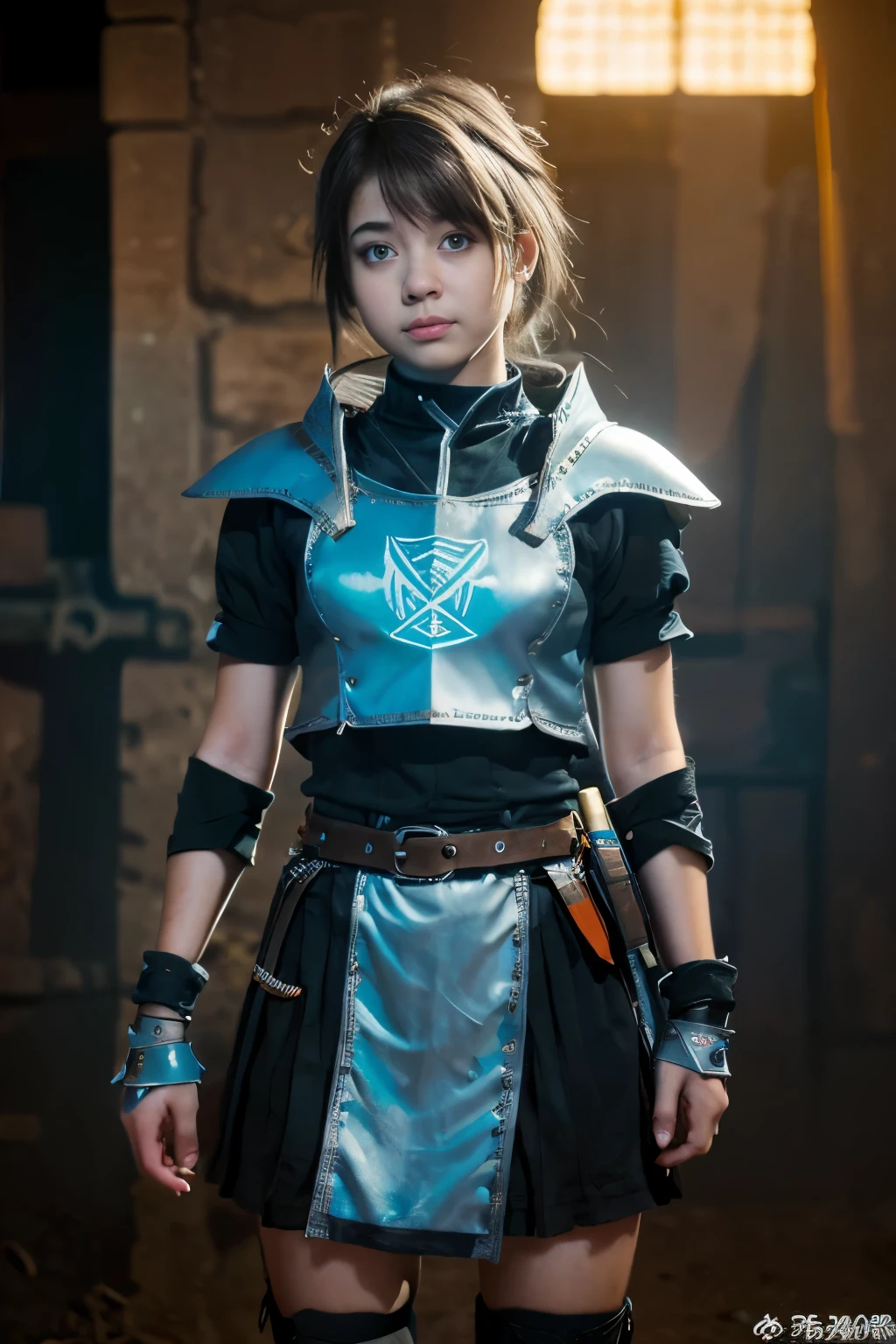 
A beautiful young woman, knight, armor without helmet, neon details, RGB lights on, robe, HUD visor on, / light sword, energy sword, ciberpunk details, control panel wrist, holographic badge, / medieval castle with graffiti, magic circles, / brave looking, tradicional warrior, technology anarchy, daylight 