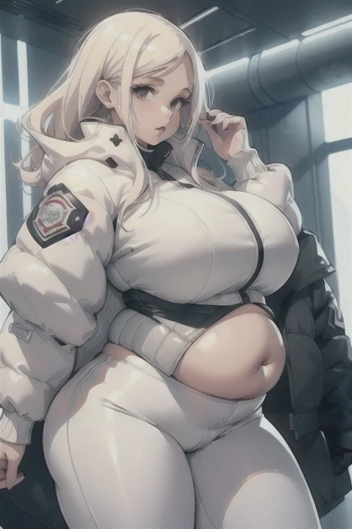 (Best quality), (high resolution), (detailed),1woman, curvy lady, stuffed belly, thick thighs, chubby belly,futuristic style, future fashion, straight blonde hair, ultra straight hair, ((straight hair:1.4)), white leggings, pale skin, gorgerous face, thick lips, shy, ((full white outfit)), ((cropped white puffer jacket)), ((white puffer jacket)), (((cropped jacket)))