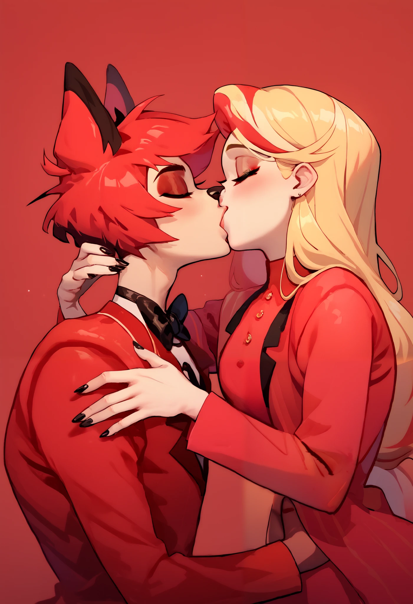 1boy, Alastor,red suit, closed eyes, red hair multicolored hair, couplekiss, 1girl Charlie morningstar,closed eyes, blonde long hair,red tuxedo, animal nose, white skin, red stricker,Black nails