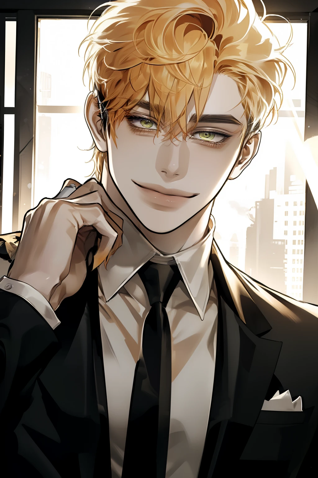 boy,  light yellow wolf cut hairstyle,  ( yellow hair ),   sharp features wearing student clothes,   white skin ,  side view  , ((black suit,  black tie , CEO)),  More information  ,  Green eyes, ( smiling), (My hand hurts below my chin as if I'm worried.)