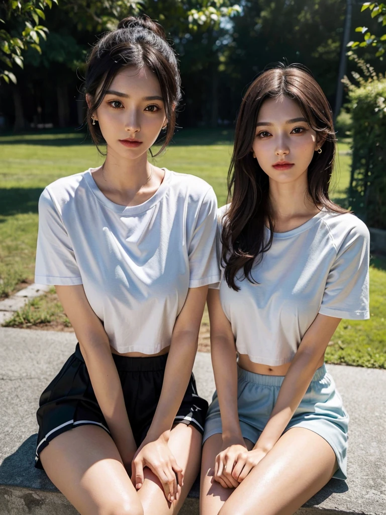 (disorganized, RAW photo, very delicate and beautiful, masterpiece, highest quality, ultra high resolution, 16k, surreal, super detailed, perfect anatomy, super dense skin, perfect figure:1.2), Highly detailed CG 8k wallpaper, 20's, very slim body, (tight waist:1.2), very small head, very small face, delicate features, tearful mole, earrings, thin legs, (very huge round breasts:1.2), (3 girls:1.2), full body shot, short hair, wavy hair, (T-shirt:1.1), (cargo pants:1.1),