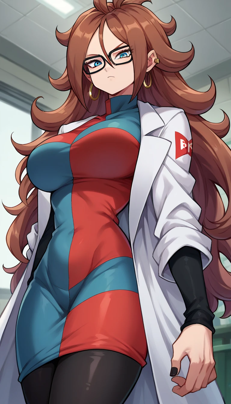 android21, android 21, blue eyes, brown hair, glasses, long hair, very long hair, black-framed eyewear, serious face, close mouth,
black sleeves, checkered clothes, checkered dress, detached sleeves, dress, lab coat, turtleneck,
indoors, Black pantyhouse 
looking at viewer, sexy body, Big breasts, thick legs, wide hips, below view 