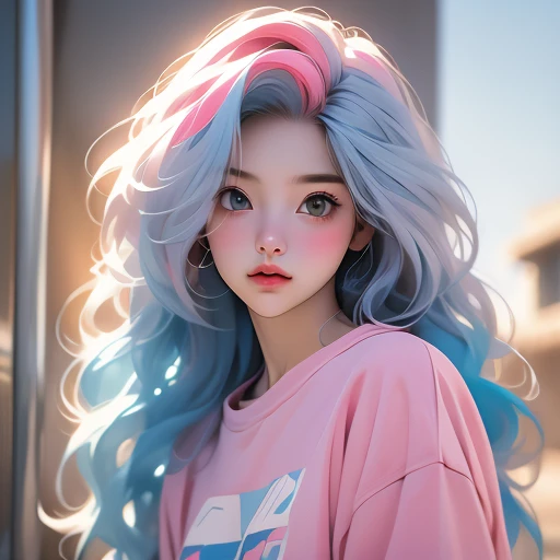  young girl,  multicolored long hair , blue hair, Pink hair wearing white t-shirt ,  sweatshirt  looking at the spectator ( best quality, detailed, realistic)