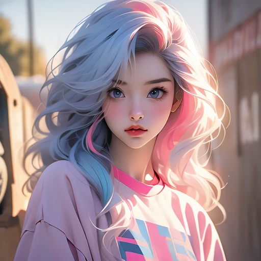  young girl,  multicolored long hair , blue hair, Pink hair wearing white t-shirt ,  sweatshirt  looking at the spectator ( best quality, detailed, realistic)