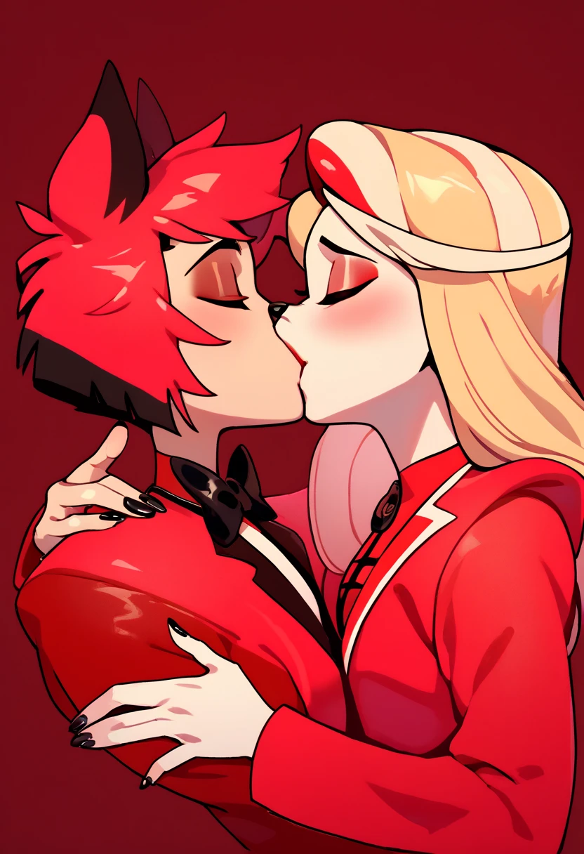 1boy, Alastor,red suit, closed eyes, red hair multicolored hair, couplekiss, 1girl Charlie morningstar,closed eyes, blonde long hair,red tuxedo, animal nose, white skin, red stricker,Black nails