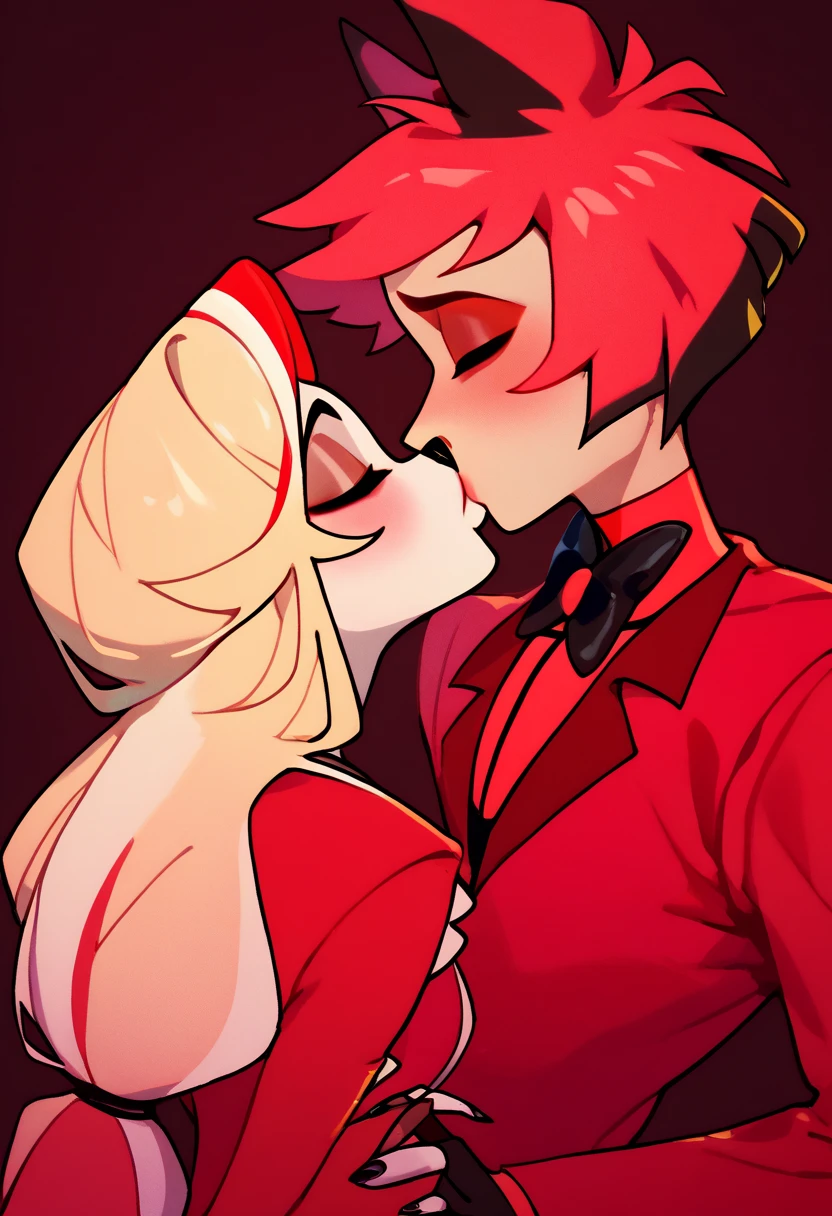 1boy, Alastor,red suit, closed eyes, red hair multicolored hair, couplekiss, 1girl Charlie morningstar,closed eyes, blonde long hair,red tuxedo, animal nose, white skin, red stricker,Black nails