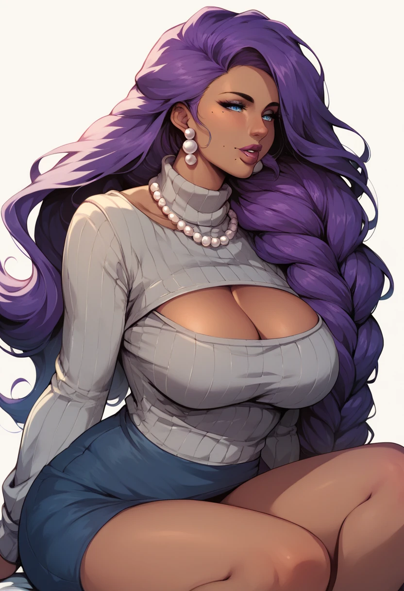 ChaMmVT, mature female, blue eyes, mole under mouth, purple hair, long hair, braided ponytail, hair over shoulder, dark skin, earrings, pearl necklace, grey sweater, open-chest sweater, cleavage cutout, blue skirt, bare legs