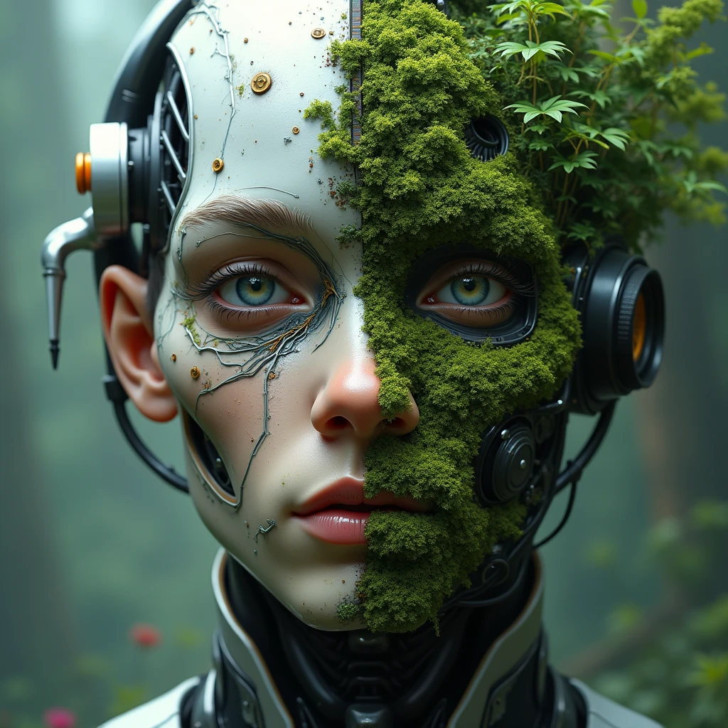 film filter, Hyper-realistic, halfbody shot of a android, lost in forest, scifi , old prosthetics ,  covered in lush, wild flowers and nature, cracked face, illuminated, rusted old metal, realistic, elegance,  sophisticated, moss, (photorealistic:1.5), iron face rust, detailed, realistic, hyper realistic, highly detailed, depth of field, 32k, aura of power,  renaissance painting,  slice of life,  fine art painting, lush, classical realism, poster, Figurative, oil, unilalianism, Historical mystery,