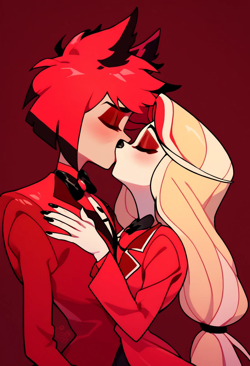 1boy, Alastor,red suit, closed eyes, red hair multicolored hair, couplekiss, 1girl Charlie morningstar,closed eyes, blonde long hair,red tuxedo, animal nose, white skin, red stricker,Black nails