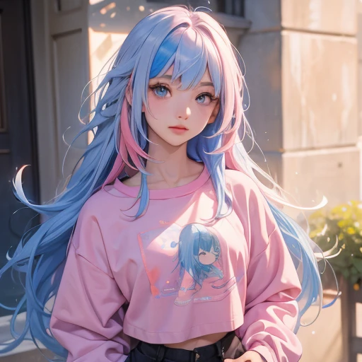  Young ,  long multicolored hair , blue hair, Pink hair wearing white t-shirt  , Sweatshirt looking at the spectator (  best quality, detailed, realistic)